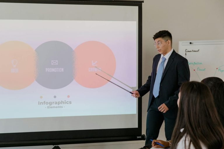 Professional business presentation featuring infographic elements on a screen.