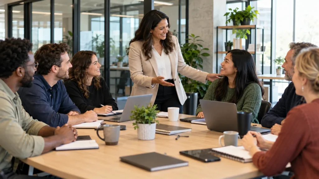 Manager welcoming a new team member during a collaborative onboarding meeting