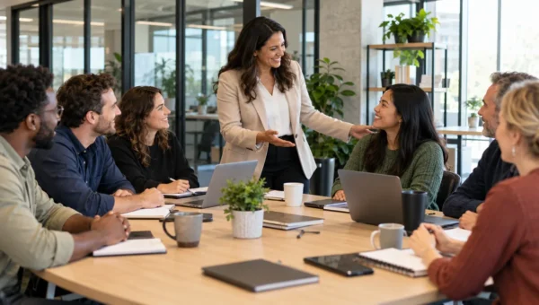 Manager welcoming a new team member during a collaborative onboarding meeting