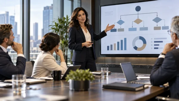 Business leader presenting a decision-focused structure to senior colleagues