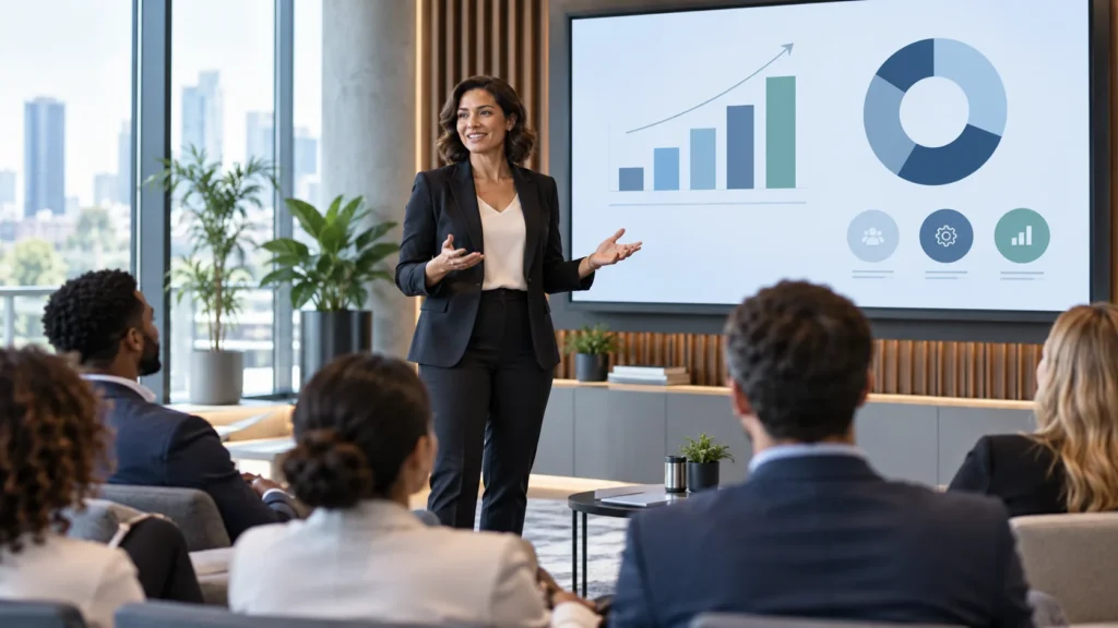 Senior leader addressing employees during a transformation and change sponsorship discussion