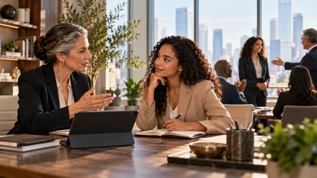 Senior professional giving career sponsorship guidance to an emerging leader