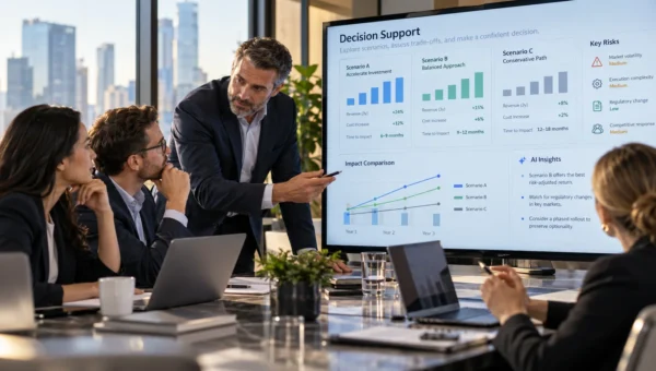 Executives comparing AI-supported scenarios while retaining human judgement