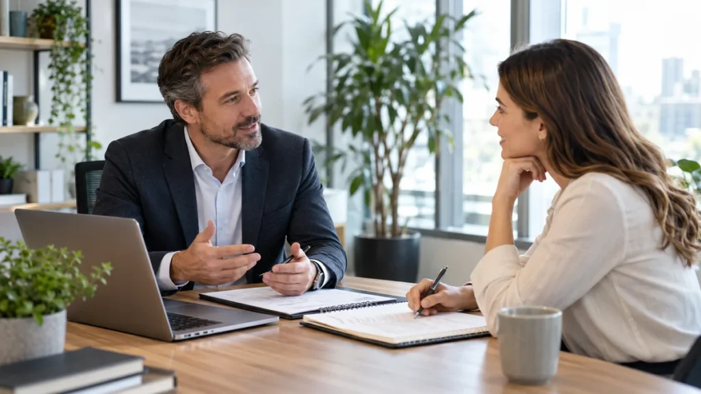 Manager holding a focused one-to-one meeting with an employee in a modern office