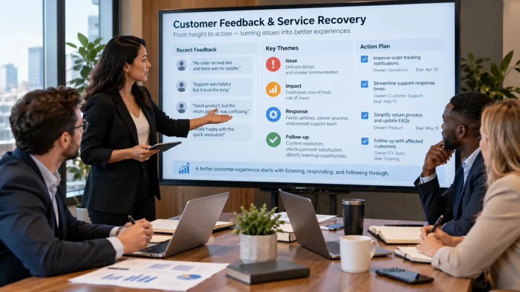 Team turning customer feedback into a structured service recovery action plan