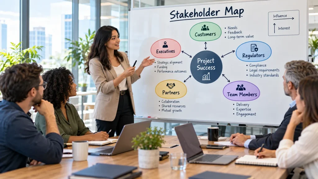 Project team mapping executives customers regulators partners and team members as stakeholders