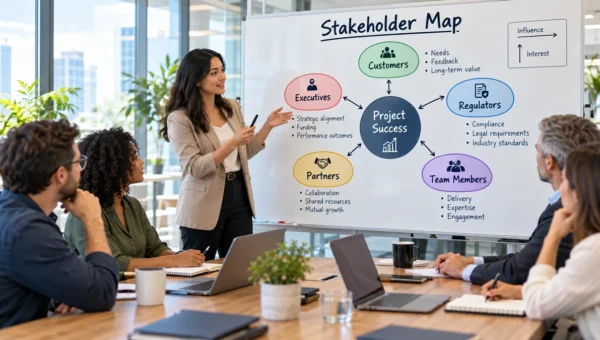 Project team mapping executives customers regulators partners and team members as stakeholders