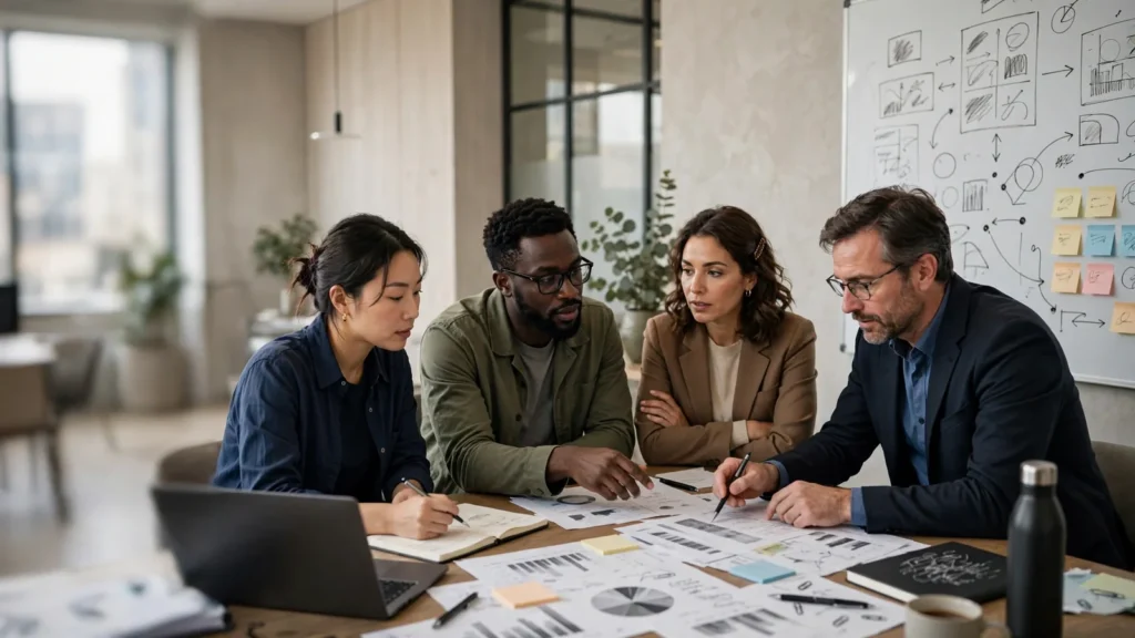 Senior leaders reviewing financial assumptions forecasts and investment trade-offs