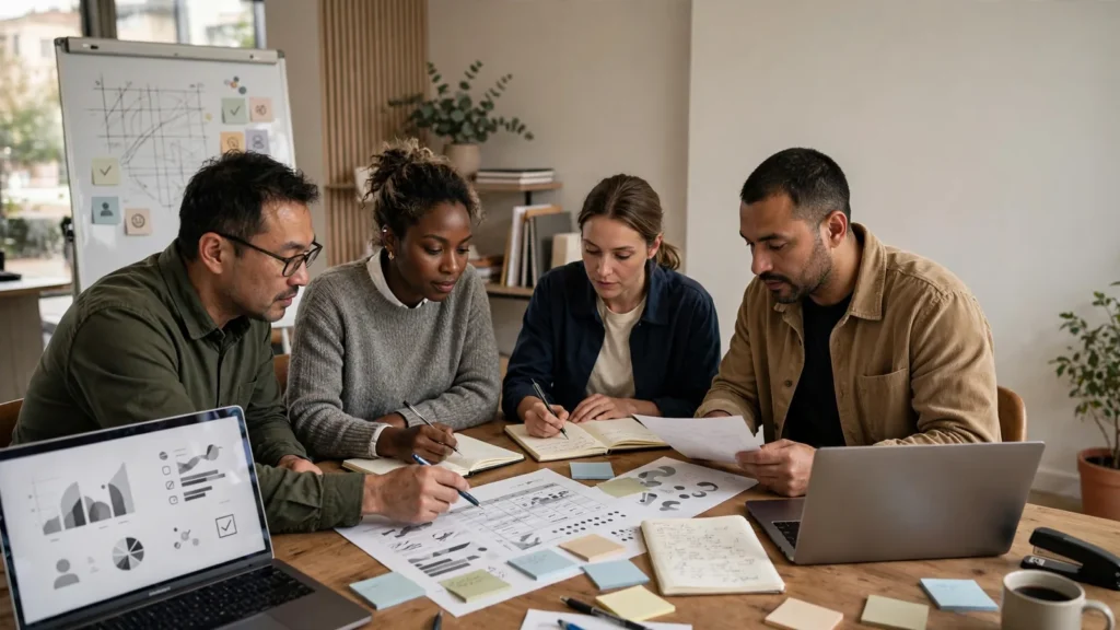 Founder working with a growing team on leadership roles and operating routines
