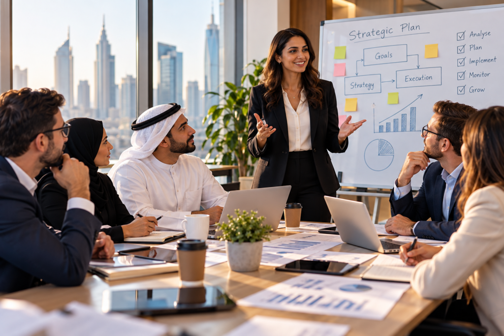 executives evaluating an AI adoption roadmap, governance risks and business-use priorities around a strategy table