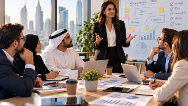 executives evaluating an AI adoption roadmap, governance risks and business-use priorities around a strategy table