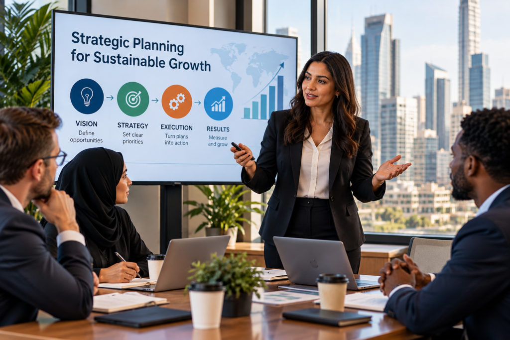 Saudi organizational leaders planning a major transformation program with stakeholder and adoption maps