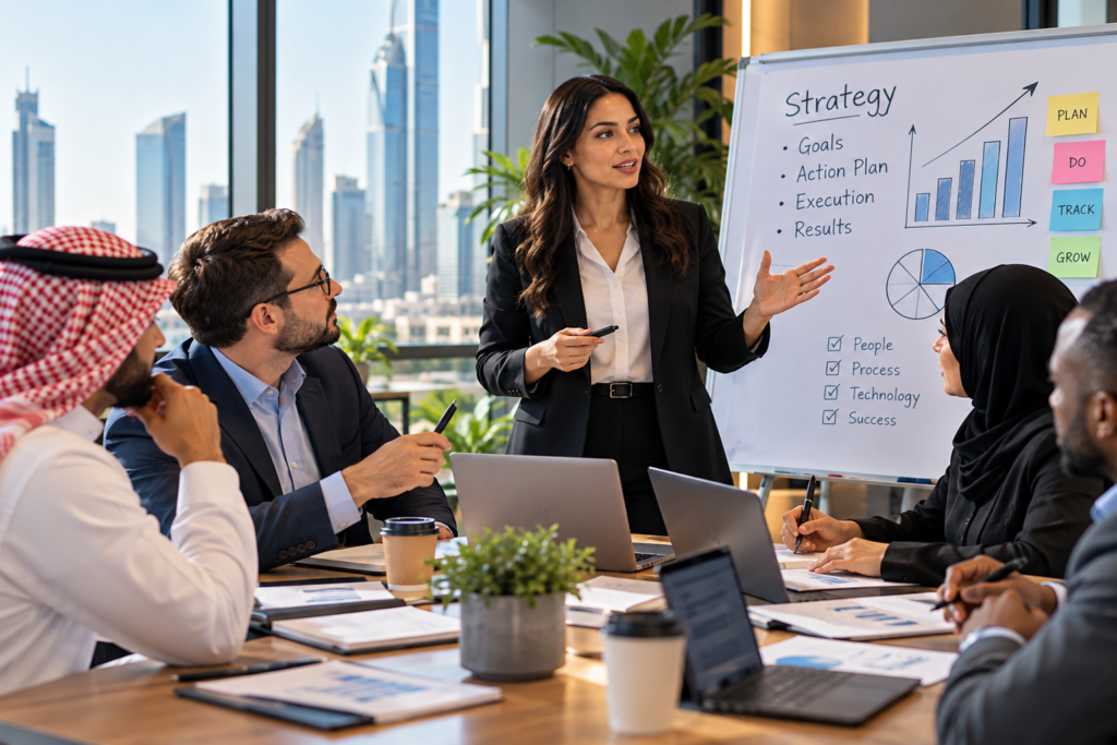 non-finance managers interpreting a financial dashboard together during a business acumen session
