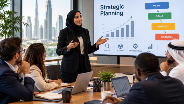 Gulf executives discussing AI investment decisions, governance and value creation around a boardroom table
