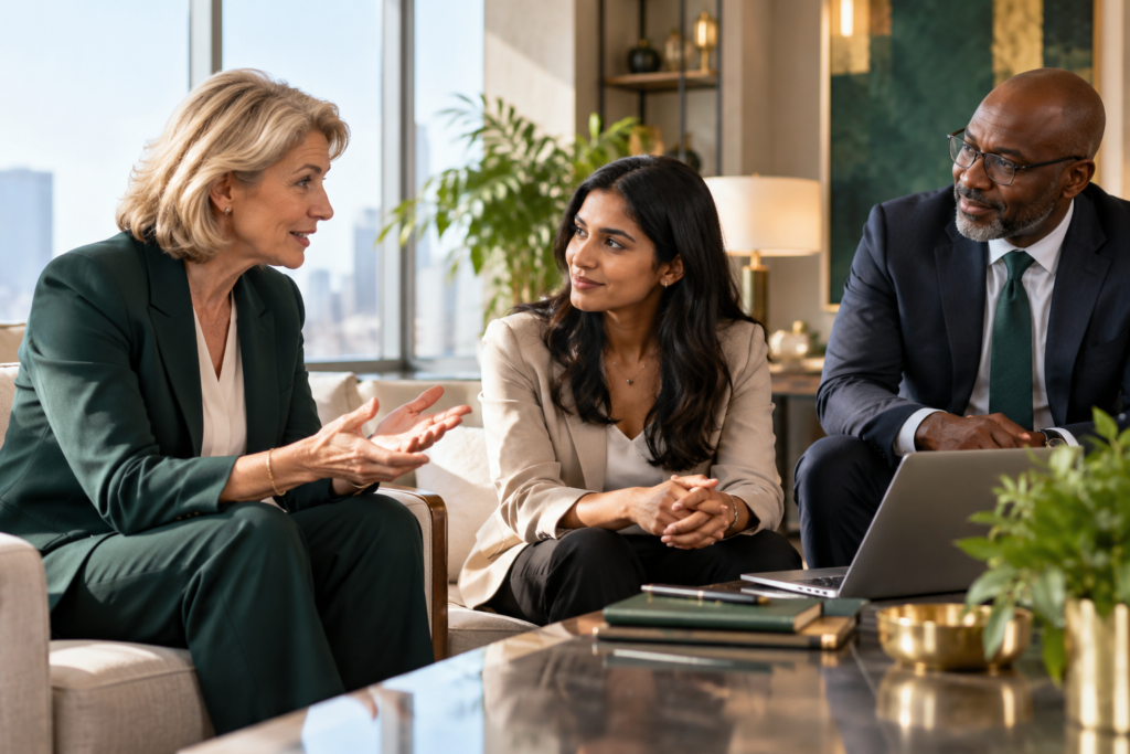 senior woman leader mentoring an emerging woman manager with another senior stakeholder nearby in an executive workplace