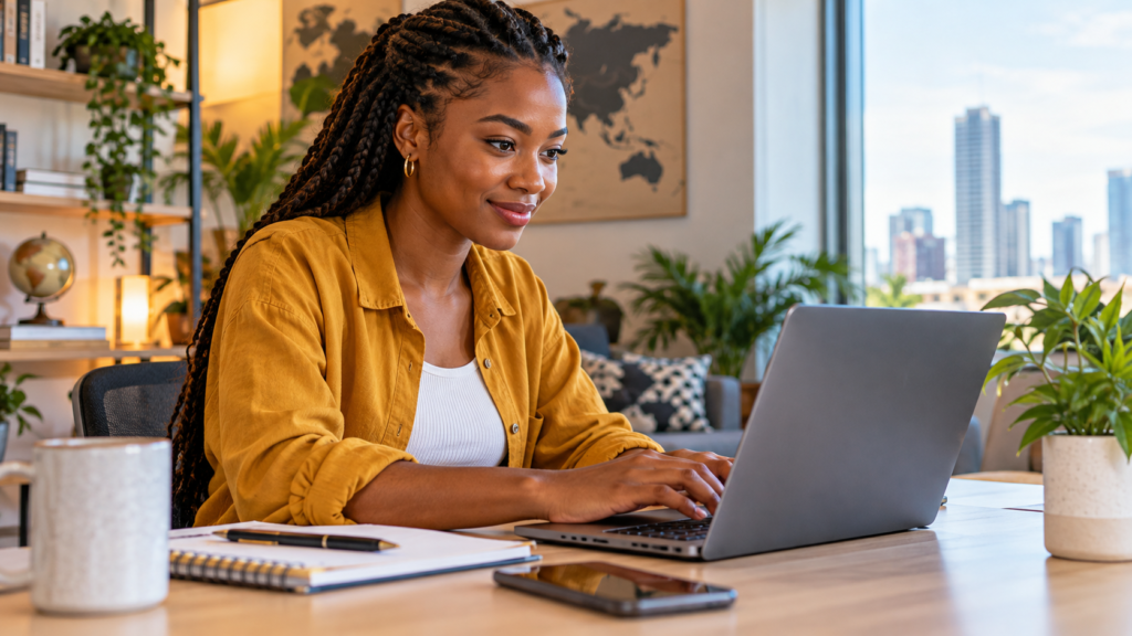 a confident woman professional working with focus and composure in a modern business setting