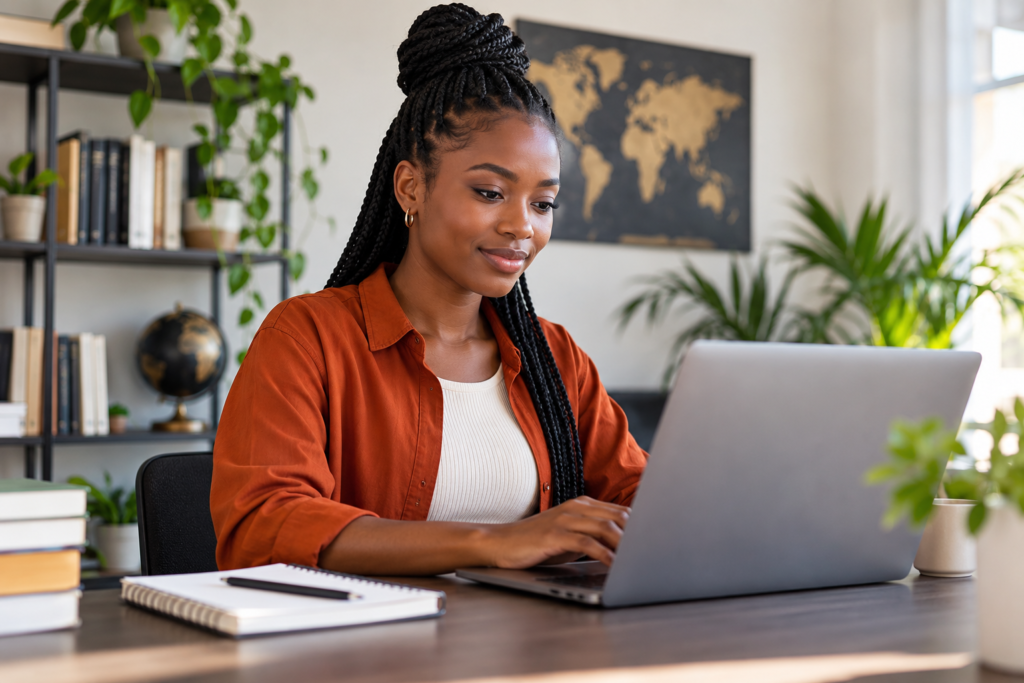 a professional woman working in a modern office environment, representing leadership development and career progression